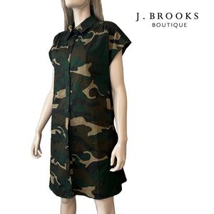 J. Brooks Boutique Camo Dress Tunic Layering Side Splits Button Front Sleeveless
